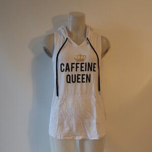 NWT Womens Just Live "Caffeine Queen" White, Black Hooded Tank Top S